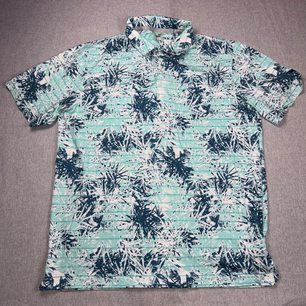 Puma Golf Mens Large Teal Navy Tropical Palm Stripe Performance Polo